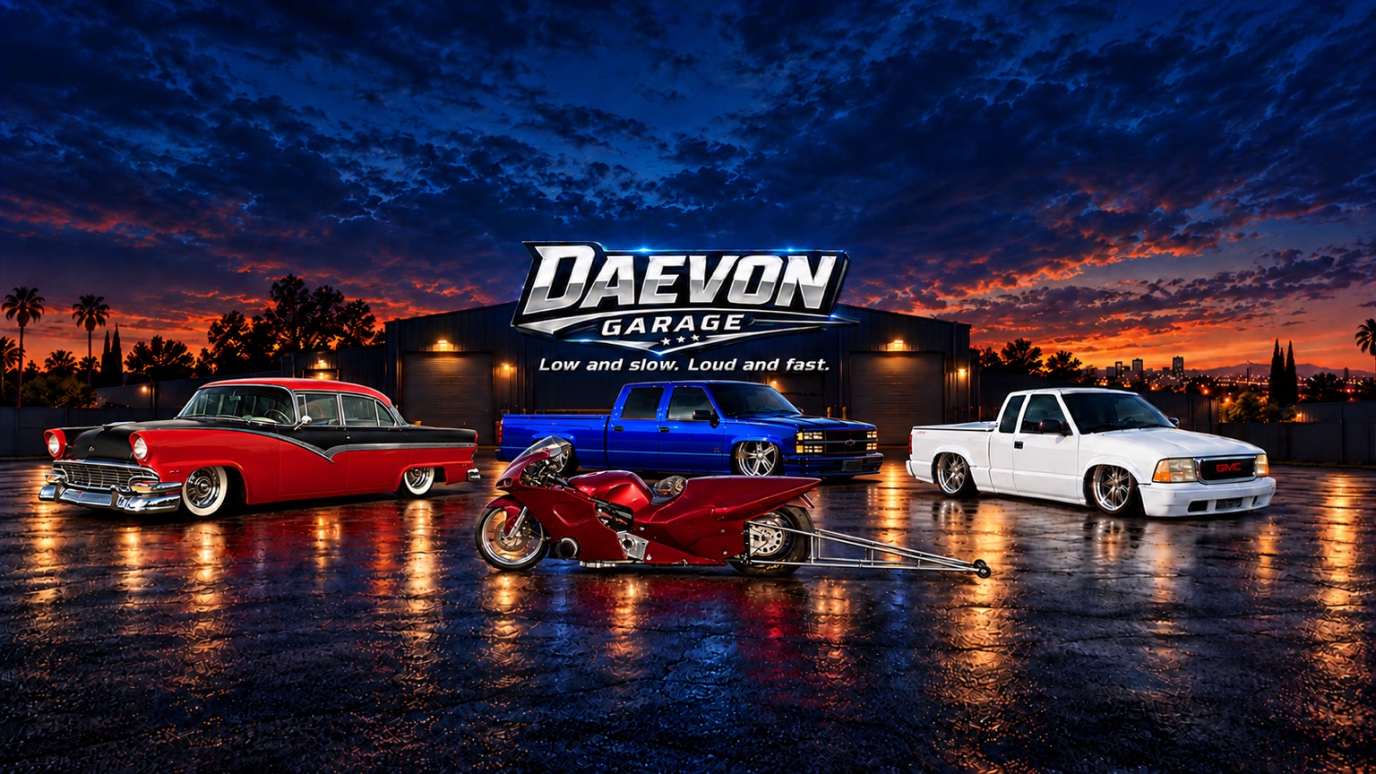 Daevon Garage — Low and slow. Loud and fast. Classic cars, trucks and a drag bike outside the garage at sunset.